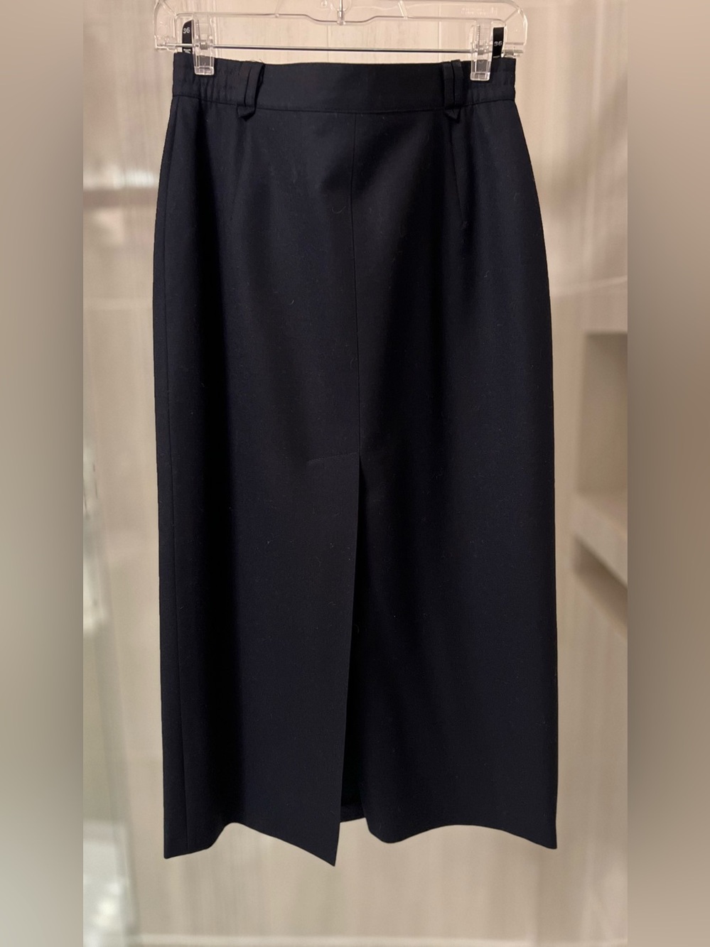 Vintage Klein Petit Paris Black Wool Midi Pencil Skirt High Waist Slit